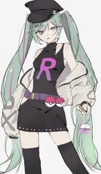  1girl :p belt black_dress black_hair black_hat black_thighhighs breasts candy clothing_cutout collarbone commentary_request contrapposto covered_collarbone cowboy_shot dress food green_eyes green_hair grey_background hair_between_eyes hat hatsune_miku highres hip_vent holding holding_candy holding_food holding_lollipop jacket lollipop long_hair long_sleeves looking_at_viewer multicolored_hair off_shoulder party_rock_eternity_(vocaloid) peaked_cap pink_streaks poke_ball poke_ball_(basic) pokemon project_voltage purple_belt short_dress shoulder_cutout sidelocks simple_background single_letter sleeveless sleeveless_dress sleeves_past_fingers sleeves_past_wrists small_breasts solo streaked_hair team_rocket thigh-highs tongue tongue_out twintails very_long_hair vocaloid watamaru1235 zettai_ryouiki 