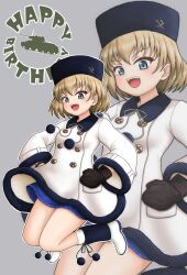  1girl absurdres amanone_yun birthday black_boots black_hat black_mittens blonde_hair blue_dress blue_eyes bob_cut boots coat coat_dress commentary dress emblem english_text floating girls_und_panzer grey_background hands_on_own_hips happy_birthday hat highres katyusha_(girls_und_panzer) legs_up long_sleeves looking_at_viewer military_vehicle mittens motor_vehicle multicolored_boots open_mouth outline pravda_(emblem) short_hair simple_background smile solo tank text_background two-tone_boots ushanka white_boots white_coat white_outline zoom_layer 