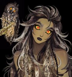  1girl bare_shoulders bird black_background black_lips braid closed_mouth colored_sclera creature_and_personification dark_skin eyelashes fluffy_hair gittanart head_tilt highres looking_at_viewer makeup multicolored_hair no_pupils original owl personification photo-referenced portrait red_eyes reference_inset signature solo twin_braids yellow_sclera 