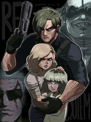  2girls 3boys bald bandaged_arm bandages black_eyes black_gloves blonde_hair copyright_name emily_(resident_evil) eyes_visible_through_hair facial_hair frown gloves goatee_stubble goggles grace_ashcroft grin gun hair_over_one_eye highres holding holding_gun holding_weapon leon_s._kennedy multiple_boys multiple_girls polo_shirt resident_evil resident_evil_requiem revolver serious smile stubble sunglasses tina_fate veins veiny_arms victor_gideon violet_eyes weapon zeno_(resident_evil) 