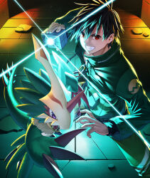  1boy bird black_hair d-storage digimon digimon_(creature) digimon_card_game digimon_liberator dragon glowing green_shirt horns kazama_shoto kazuki_seihou male_focus official_art pteromon red_eyes shirt single_horn standing violet_eyes 