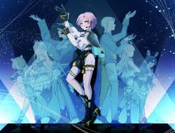  2boys 5girls aiguillette ankle_boots aqua_cape aqua_eyes arms_up black_boots black_cape black_gloves black_shorts blush boots cape closed_mouth colored_shoe_soles commentary_request full_body fushimi_gaku gloves gold_trim headset high_heel_boots high_heels highres hologram idol_clothes ienaga_mugi itomaito_0323 juliet_sleeves kenmochi_touya light_particles long_sleeves looking_at_viewer multiple_boys multiple_girls multiple_thigh_straps nijisanji nijisanji_idol_uniform paper_texture pink_hair puffy_sleeves reflective_floor sasaki_saku shiina_yuika shirt short_hair shorts side_cape smile stage_lights standing standing_on_one_leg tassel thigh_strap tsukino_mito twitter_username two-sided_cape two-sided_fabric virtual_youtuber white_shirt white_shorts yuuhi_riri 