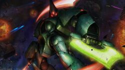  abigor absurdres asteroid battle beam_scythe copyright_notice debris energy_beam energy_blade explosion extra_eyes glowing glowing_eyes gundam gundam_battle_operation_2 highres holding holding_beam_scythe mecha mecha_focus mobile_suit nebula no_humans official_art painting_(medium) promotional_art realistic red_eyes robot scan science_fiction scythe space star_(sky) sunrise_(company) tenjin_hidetaka traditional_media victory_gundam war weapon zanscare zero_gravity 