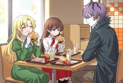  1boy 2girls alternate_universe ascot black_socks blonde_hair blue_ascot blush brown_hair burger chair chinese_commentary coat commentary_request cup disposable_cup dress drinking_straw eating food food_on_face french_fries garry_(ib) green_dress grey_coat highres holding holding_burger holding_food ib_(ib) ib_(kouri) indoors long_dress long_hair long_sleeves mary_(ib) mcdonald's mixed-language_commentary multiple_girls on_chair product_placement purple_hair red_ascot red_eyes red_skirt restaurant shirt short_hair sitting skirt smile socks table tray white_shirt window yanyanv888 