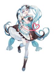  1girl aono_99 apron aqua_eyes aqua_hair black_boots boots brown_dress commentary_request dress food gloves hair_between_eyes hat hatsune_miku highres holding holding_pastry_bag long_hair open_mouth pastry pastry_bag puffy_short_sleeves puffy_sleeves short_sleeves simple_background solo striped_clothes striped_thighhighs thigh-highs twintails very_long_hair vocaloid waist_apron white_apron white_background white_hat 