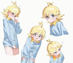  1boy absurdres adapted_costume ahoge bent_over blonde_hair blue_eyes blue_jumpsuit blush clemont_(pokemon) closed_mouth collared_jumpsuit flying_sweatdrops glasses hand_up hands_on_own_knees highres jumpsuit long_sleeves looking_at_viewer lower_teeth_only male_focus multiple_views open_mouth pokemon pokemon_xy pokesudal round_eyewear simple_background sweatdrop teeth white_background 