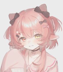  1girl absurdres animal_ears black_bow black_choker bow character_request chinese_commentary choker collarbone commentary_request cone_hair_bun copyright_request crossed_bangs double_bun hair_between_eyes hair_bow hair_bun hair_ornament hairclip hand_up heterochromia highres long_sleeves looking_at_viewer open_mouth pink_bow pink_shirt profile red_eyes sheep_ears shirt sidelocks simple_background sleeves_past_wrists smile solo teeth tete0327 two_side_up v-neck white_background yellow_eyes 