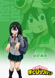  1girl absurdres asui_tsuyu bag black_eyes black_hair black_socks blazer bodysuit boku_no_hero_academia buttons character_name collared_shirt commentary commentary_request double_horizontal_stripe english_text eyelashes foot_out_of_frame frog_girl goggles goggles_on_head green_bodysuit green_skirt grey_jacket hair_rings hands_up highres jacket kneehighs knees_together_feet_apart lapels loafers logo long_hair looking_at_viewer low-tied_hair_ring low-tied_long_hair miniskirt necktie open_hands pleated_skirt pocket red_necktie school_uniform shirt shoes shoulder_bag skirt socks superhero_costume tongue tongue_out u.a._school_uniform white_shirt wing_collar 