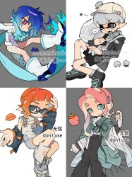  1boy 3girls ;d absurdres black_jacket black_pants black_shoes black_shorts blue_hair blue_scarf blunt_bangs boots cape closed_mouth commission green_cape green_eyes grey_eyes grey_hair grey_shorts hair_ornament hairclip highres inkling inkling_boy inkling_girl inkling_player_character jacket lai_yi_wan_huan_zhou_ma layered_sleeves long_hair long_sleeves multiple_girls octoling octoling_girl octoling_player_character one_eye_closed open_clothes open_jacket open_mouth pants parallel_hairclips pink_hair red_eyes scarf shirt shoes shorts sleeveless sleeveless_shirt smile socks splatoon_(series) tentacle_hair thick_eyebrows watermark white_boots white_shirt white_socks wide_sleeves 