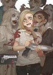  6+girls absurdres bandages blonde_hair blood blood_on_clothes blood_on_dress blood_on_mouth bloodshot_eyes brown_hair colored_skin dress gameplay_mechanics girl_sandwich grace_ashcroft grey_hair grey_skin gun hand_on_another's_face highres holding holding_gun holding_weapon licking licking_another's_face multiple_girls pale_skin requiem_(gun) resident_evil resident_evil_requiem saliva sandwiched scared selena_corey weapon xia_finger yuri zombie 