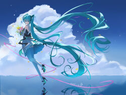  1girl absurdres aqua_bow aqua_eyes aqua_hair back_bow black_bow blue_dress blue_flower bouquet bow closed_mouth clouds collared_jacket commentary_request dated detached_collar detached_sleeves dress falling_petals flower from_behind full_body hand_up hatsune_miku high_heels highres holding holding_bouquet jacket long_hair long_sleeves looking_at_viewer night number_tattoo outdoors petals pink_flower pink_petals pink_ribbon pleated_dress purple_flower reflection reflective_liquid ribbon rose shoulder_tattoo sleeveless sleeveless_dress smile solo standing standing_on_one_leg tattoo thigh-highs tiptoes turning_head twintails two-tone_bow very_long_hair vocaloid water white_flower white_petals white_rose white_sleeves white_thighhighs xiaoshi_de_xuebao yellow_flower yellow_petals 