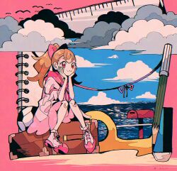  1girl :3 bow briefcase brown_hair closed_mouth clouds commentary_request day dot_nose dress full_body hair_bow head_rest highres inukai_komugi itomugi-kun long_hair notebook ocean outdoors pencil pink_bow pink_dress pink_shoes ponytail precure shoes short_sleeves sitting solo wonderful_precure! 