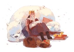  1boy androgynous animal animal_on_shoulder animalization animification apple bear bird bird_on_shoulder bishounen boots brown_boots brown_pants bucket_hat cape chinese_commentary closed_eyes commentary_request crow crown dog dream_smp floof_(technoblade) food fruit full_body fur-trimmed_cape fur_trim gold_crown golden_apple hair_between_eyes hat highres holding holding_animal hound_army_(dream_smp) humanization long_hair long_sleeves lumos_(lumos164) male_focus maltese minecraft_youtube painterly pants ph1lza's_chat pink_hair pointed_crown polar_bear raccoon real_life red_cape shirt simple_background sitting sleeping solo_focus steve_(dream_smp) technoblade tommyinnit tommyinnit_(raccoon) white_background white_shirt wolf zzz 