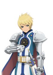  1boy armor artist_request belt blonde_hair blue_eyes blue_surcoat cape clenched_hand closed_mouth commentary cowboy_shot flynn_scifo game_cg gauntlets looking_at_viewer male_focus official_art sheath sheathed short_hair shoulder_armor silver_armor simple_background smile solo standing sword tales_of_(series) tales_of_asteria tales_of_vesperia third-party_source transparent_background vambraces weapon white_belt 