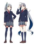  2girls alternate_costume asymmetrical_bangs bangs blazer blue_legwear blue_skirt bow brown_eyes collared_shirt full_body grey_eyes grey_hair grin hair_bow hair_ornament hair_ribbon hand_on_hip kantai_collection kasumi_(kantai_collection) kinosuke_(sositeimanoga) kiyoshimo_(kantai_collection) kneehighs loafers long_hair looking_at_viewer low_twintails multiple_girls necktie plaid plaid_skirt pleated_skirt ribbon salute school_swimsuit shoes side_ponytail silver_hair simple_background skirt smile swimsuit thigh-highs twintails very_long_hair white_background 