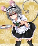  1girl alternate_costume animal_ears apron basket bent_over black_dress black_legwear cheesecake dress enmaided feeding fork garter_straps grey_hair hairband highres lolita_hairband maid mouse mouse_ears mouse_tail nazrin plate puffy_short_sleeves puffy_sleeves red_eyes shirt short_sleeves smirk solo tail thigh-highs tokoya touhou tray waist_apron 