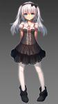  1girl arms_behind_back black_boots boots bow breasts dress full_body gradient gradient_background green_eyes grey_hair hair_ornament hairband highres long_hair looking_at_viewer original pantyhose puffy_short_sleeves puffy_sleeves shirt shone short_sleeves silver_hair skirt small_breasts solo twintails white_hair white_legwear 