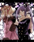  2girls ^_^ adjusting_scarf arms_behind_back black_gloves blonde_hair bow closed_eyes gloves hair_bow hair_ribbon kamikita_komari little_busters!! long_hair multiple_girls open_mouth purple_hair ribbon sasasegawa_sasami scarf smile steam takumi_(scya) violet_eyes winter_clothes winter_coat 