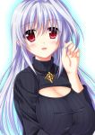  1girl blush breasts bust cleavage cleavage_cutout endori jewelry large_breasts long_hair lyrical_nanoha necklace open-chest_sweater red_eyes reinforce ribbed_sweater silver_hair solo sweater turtleneck 