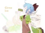  1girl alternate_costume blue_hair bow cirno closed_eyes dress food green_dress hair_bow ice ice_cream ice_wings open_mouth puffy_short_sleeves puffy_sleeves shihou_(g-o-s) short_sleeves solo touhou vest wings 