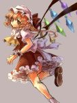  1girl ascot blonde_hair dress flandre_scarlet grey_background hat hat_ribbon highres looking_at_viewer looking_back mob_cap namuko puffy_short_sleeves puffy_sleeves red_dress red_eyes ribbon sash shirt short_sleeves side_ponytail solo standing_on_one_leg touhou wings wrist_cuffs 