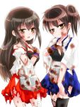  2girls akagi_(kantai_collection) brown_eyes brown_hair burnt_clothes hachimitsu_rateko japanese_clothes kaga_(kantai_collection) kantai_collection long_hair multiple_girls muneate open_mouth scorch_marks short_hair side_ponytail simple_background tears torn_clothes white_background yugake 