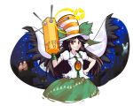  1girl brown_hair cape cityscape control_rod dress hat red_eyes reiuji_utsuho team_fortress_2 third_eye top_hat touhou triple-q white_background wings 
