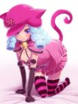  1girl all_fours bell black_gloves blue_eyes blue_hair blush cat_tail elbow_gloves gloves happinesscharge_precure! hat hiuna_hayami hosshiwa jingle_bell looking_at_viewer precure small_breasts solo striped striped_legwear tail thigh-highs 