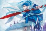  1boy blue_hair cape crossover earrings fate/stay_night fate_(series) gae_bolg jewelry jun_(ash) lancer long_hair monster_hunter polearm red_eyes solo spear weapon 