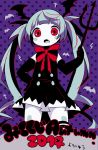  &gt;:o 2014 :o alternate_costume bat bat_wings black_gloves blue_hair blush_stickers buttons cross dress elbow_gloves fang gloves hatsune_miku head_wings maako_(pixiv54348) neck_ribbon pitchfork polka_dot polka_dot_background purple_background red_eyes ribbon striped striped_ribbon text thigh-highs twintails vocaloid wings 