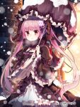  1girl ange_vierge bow frills gothic_lolita hair_bow hair_ribbon highres holding lolita_fashion long_hair looking_at_viewer official_art parasol purple_hair ribbon sakuragi_ren scarf snowing solo steam twintails umbrella violet_eyes 