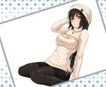  1girl black_hair black_legwear black_panties blush breasts cleavage cleavage_cutout glasses hat highres lace-trimmed_panties large_breasts long_hair looking_at_viewer midnight_(artist) open-chest_sweater original panties panties_under_pantyhose pantyhose red_eyes ribbed_sweater rimless_glasses sitting solo sweater thighband_pantyhose turtleneck underwear wariza 