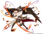  1girl black_dress black_gloves black_wings breasts character_request cleavage dagger dress elbow_gloves fingerless_gloves gauntlets gloves greaves hair_ornament large_breasts puzzle_&amp;_dragons red_eyes simple_background solo ssberit strapless_dress thigh_strap weapon white_background white_hair wings 