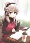  1girl coffee_cup cup digital_media_player dress fujieda_miyabi headphones long_hair long_sleeves open_mouth original pen silver_hair table violet_eyes 