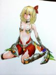  1girl alternate_costume alternate_wings bare_shoulders blonde_hair flandre_scarlet full_body hair_between_eyes hair_ribbon mechanical_wings osome_tei red_eyes ribbon short_hair side_ponytail sitting smile solo touhou traditional_media wariza wings 