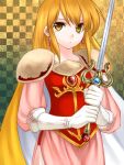  1girl 74 armor blonde_hair cape earrings fire_emblem fire_emblem:_seisen_no_keifu gloves holding holding_sword holding_weapon jewelry lachesis_(fire_emblem) long_hair solo sword tagme weapon yellow_eyes 