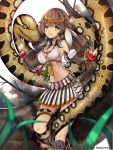  1girl bracelet braid breasts brown_hair cleavage feathers happy highres jewelry kaizin_rumble necklace primcoco skirt sky snake tree yellow_eyes zakum 