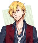  1boy alternate_hairstyle blonde_hair fate/zero fate_(series) gilgamesh messy_hair nakagawa_waka red_eyes solo vest 