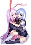  2girls animal_ears black_legwear blazer blue_hair kyon_(fuuran) long_hair looking_at_viewer multiple_girls necktie purple_hair rabbit_ears red_eyes reisen reisen_udongein_inaba school_uniform serafuku short_hair simple_background sitting sitting_on_person skirt smile socks thigh-highs touhou very_long_hair white_background white_legwear 