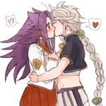  2girls ?!! blush braid closed_eyes cloud_print crop_top french_kiss from_side hug japanese_clothes jun&#039;you_(kantai_collection) kantai_collection kiss long_hair looking_at_another midriff miniskirt multiple_girls purple_hair silver_hair simple_background single_braid sketch skirt surprised unryuu_(kantai_collection) very_long_hair violet_eyes white_background yuri 