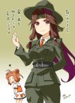  2girls :d =d alternate_costume antenna_hair brown_eyes brown_hair cowboy_hat double_bun hat highres imu_sanjo jintsuu_(kantai_collection) kantai_collection long_hair looking_at_viewer multiple_girls naka_(kantai_collection) open_mouth school_uniform serafuku short_hair smile thumbs_up translation_request |_| 