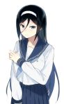  1girl black_hair blue_eyes hair_between_eyes hairband hyouka irisu_fuyumi long_hair sasamori_tomoe school_uniform serafuku 