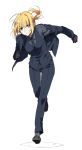  1girl blonde_hair fate/zero fate_(series) formal gloves nakagawa_waka pant_suit ponytail running saber solo suit vest waistcoat 