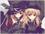  2girls anchor_hair_ornament bare_shoulders bismarck_(kantai_collection) blonde_hair blouse blue_eyes breasts cannon chestplate detached_sleeves gloves hat iron_cross kantai_collection long_hair long_sleeves military military_hat military_uniform multiple_girls peaked_cap prinz_eugen_(kantai_collection) smile turret twintails uniform windhide 