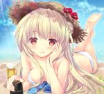  1girl :p beach beer_mug bikini blonde_hair breasts brown_eyes can cleavage guinness_(beer) hair_bun hat looking_at_viewer lying on_stomach original smile solo straw_hat suihi swimsuit tongue tongue_out 