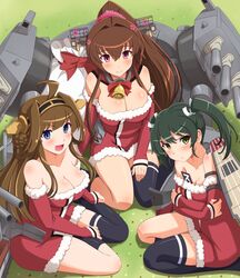  3girls :d ahoge alternate_costume bare_shoulders bell black_hair black_legwear blue_eyes blush breasts brown_hair cannon cleavage green_eyes hairband headgear highres kantai_collection kongou_(kantai_collection) long_hair looking_at_viewer multiple_girls open_mouth pink_eyes ponytail shin&#039;en_(gyokuro_company) short_hair sitting smile thigh-highs twintails wariza yamato_(kantai_collection) zuikaku_(kantai_collection) 