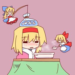  1girl alice_margatroid blonde_hair blue_eyes bow doll dress hair_bow hairband hourai_doll ice kakinoki_mikan_(kari) kotatsu long_hair ribbon shanghai_doll short_hair sick solo table touhou 