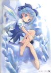  1girl absurdres barefoot blue_dress blue_eyes blue_hair cirno dress fairy full_body hair_ornament hair_ribbon highres ice ice_wings looking_at_viewer parted_lips pop puffy_sleeves ribbon scan short_hair short_sleeves sitting solo touhou wings 