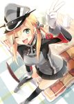  1girl anchor_hair_ornament bent_over black_legwear blonde_hair blush cup eretto gloves green_eyes hat kantai_collection kotatsu long_hair long_sleeves military military_uniform one_eye_closed open_mouth over-kneehighs pleated_skirt prinz_eugen_(kantai_collection) sailor_hat shirt skirt smile solo table teacup teapot thigh-highs uniform white_gloves 