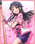  1girl armor artist_request black_hair blue_eyes blush half_updo heart idolmaster idolmaster_million_live! japanese_clothes long_hair looking_at_viewer mogami_shizuka official_art polearm solo spear weapon 